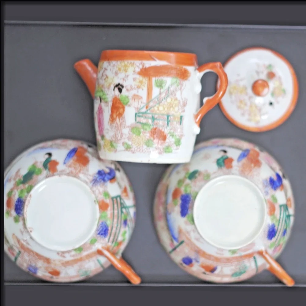 Vintage Japanese Eggshell Porcelain Lithophane Tea Set Teapot 2 Cups AS IS
